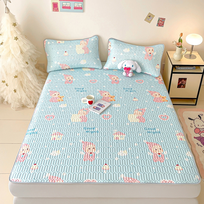 91家纺网 家纺一手货源 找家纺 沐慕 2026新款小清新凉感丝乳胶凉席三件套 天使星星人