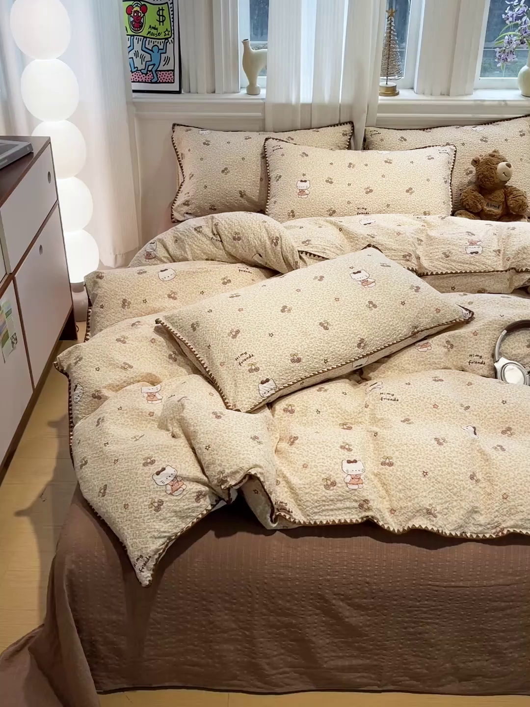 91家纺网 家纺一手货源 找家纺 瑞禾家纺（原阿亮） 2026新款云感泡芙棉小清新印花贝壳边四件套 豹纹凯蒂