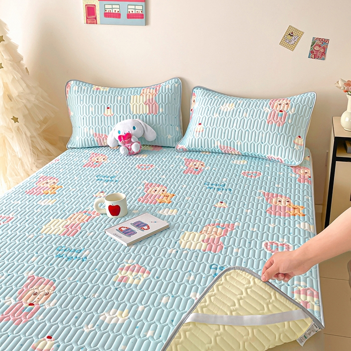 91家纺网 家纺一手货源 找家纺 沐慕 2026新款小清新凉感丝乳胶凉席三件套 天使星星人