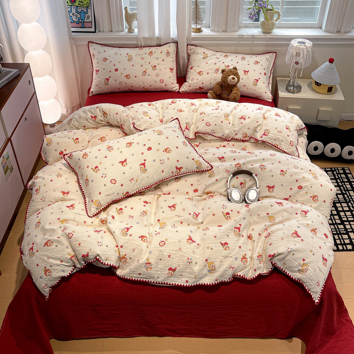 91家纺网 家纺一手货源 找家纺 瑞禾家纺（原阿亮） 2026新款云感泡芙棉小清新印花贝壳边四件套 蛋糕星人