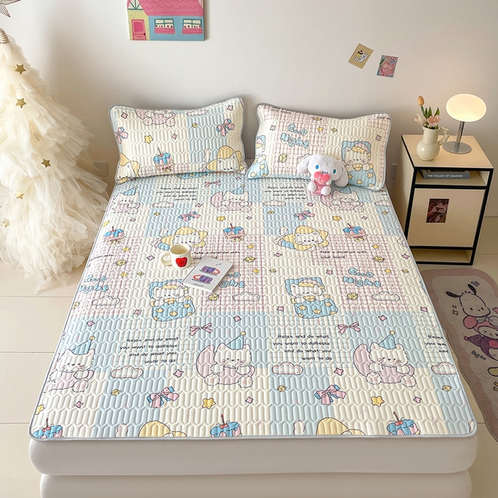 91家纺网 家纺一手货源 找家纺 沐慕 2026新款小清新凉感丝乳胶凉席三件套 晚安拼格猫