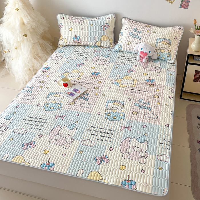 91家纺网 家纺一手货源 找家纺 沐慕 2026新款小清新凉感丝乳胶凉席三件套 晚安拼格猫