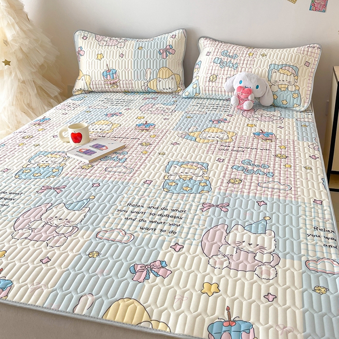 91家纺网 家纺一手货源 找家纺 沐慕 2026新款小清新凉感丝乳胶凉席三件套 晚安拼格猫