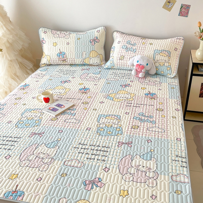 91家纺网 家纺一手货源 找家纺 沐慕 2026新款小清新凉感丝乳胶凉席三件套 晚安拼格猫