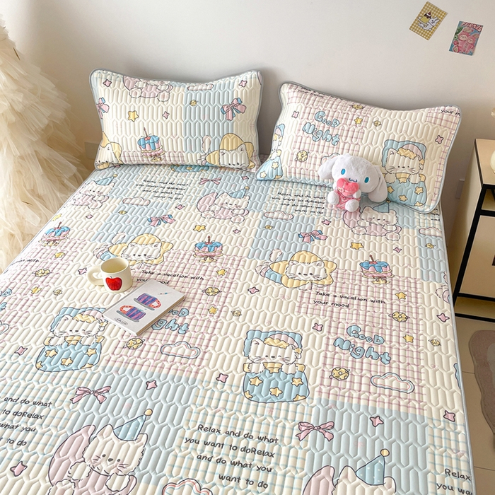 91家纺网 家纺一手货源 找家纺 沐慕 2026新款小清新凉感丝乳胶凉席三件套 晚安拼格猫