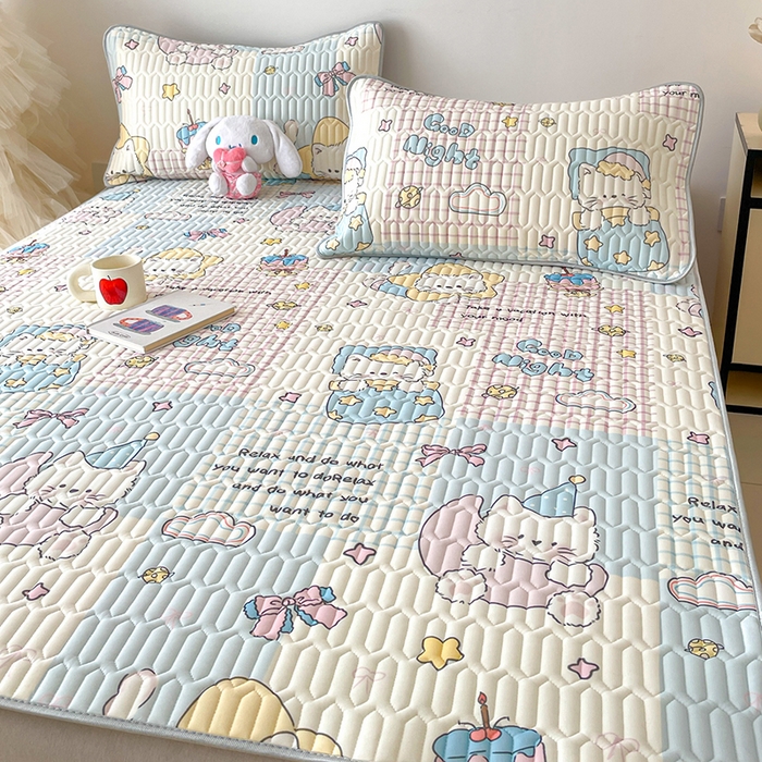 91家纺网 家纺一手货源 找家纺 沐慕 2026新款小清新凉感丝乳胶凉席三件套 晚安拼格猫