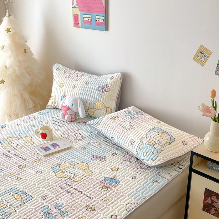 91家纺网 家纺一手货源 找家纺 沐慕 2026新款小清新凉感丝乳胶凉席三件套 晚安拼格猫