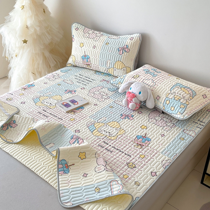 91家纺网 家纺一手货源 找家纺 沐慕 2026新款小清新凉感丝乳胶凉席三件套 晚安拼格猫