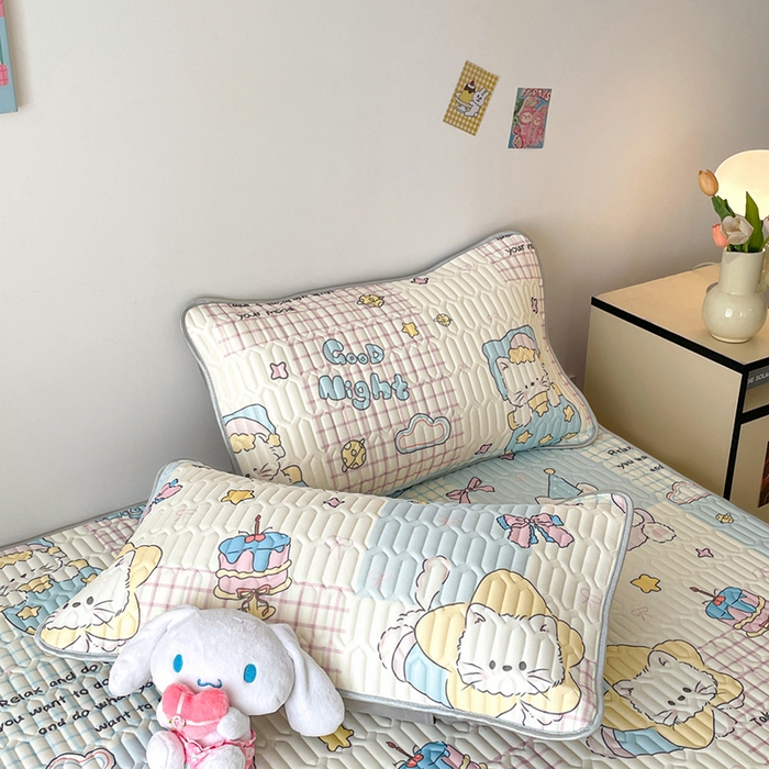 91家纺网 家纺一手货源 找家纺 沐慕 2026新款小清新凉感丝乳胶凉席三件套 晚安拼格猫