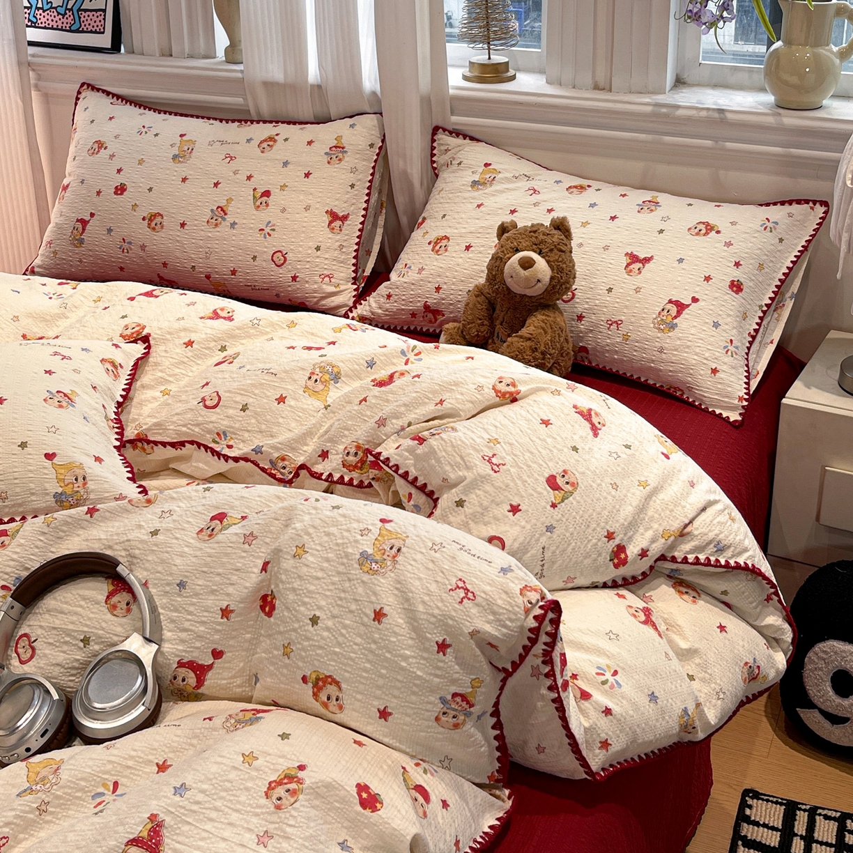 91家纺网 家纺一手货源 找家纺 瑞禾家纺（原阿亮） 2026新款云感泡芙棉小清新印花贝壳边四件套 蛋糕星人