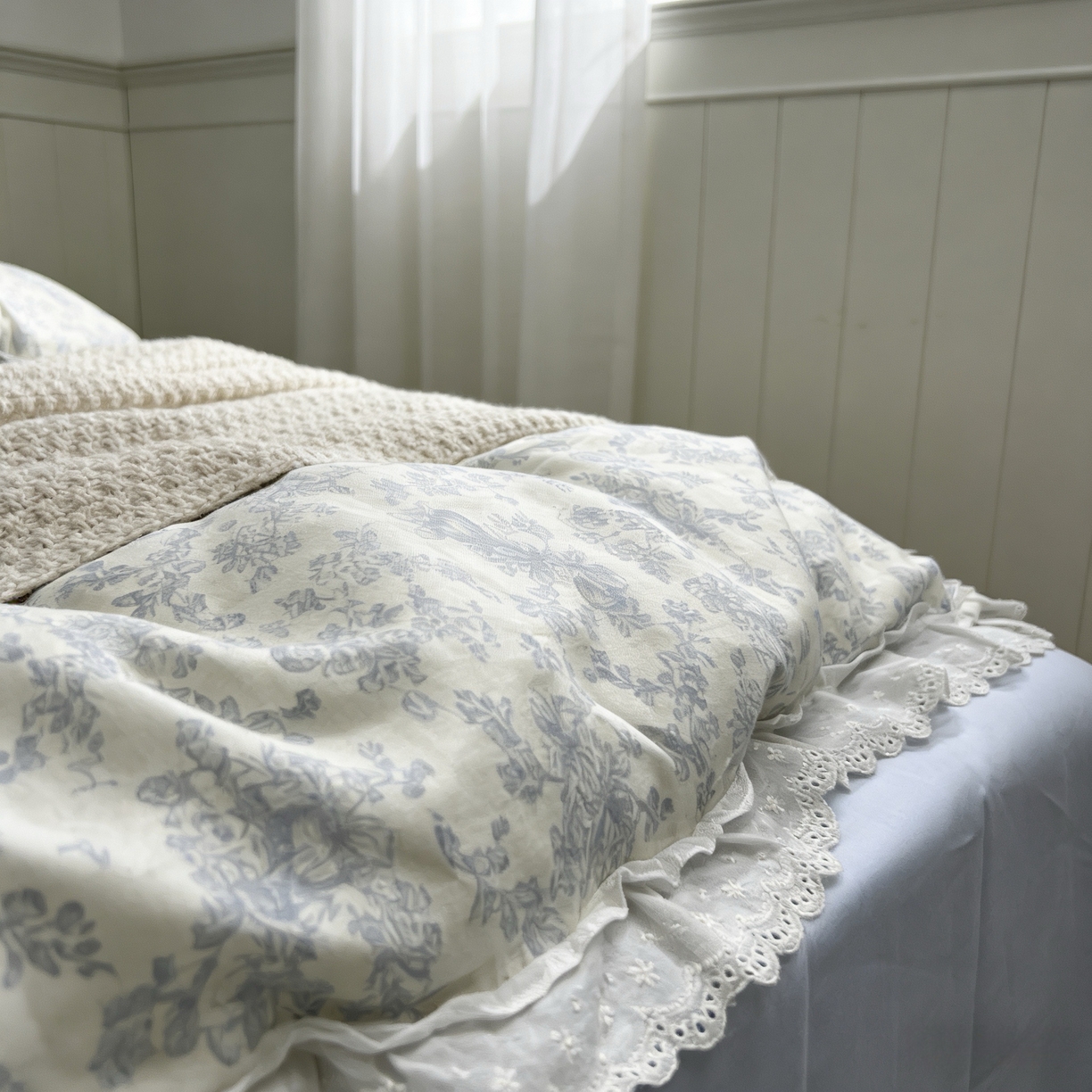 91家纺网 家纺一手货源 找家纺 荣轩家居 2026新款韩式浪漫花边工艺款全棉纯棉双层纱四件套（铺床版）秘境
