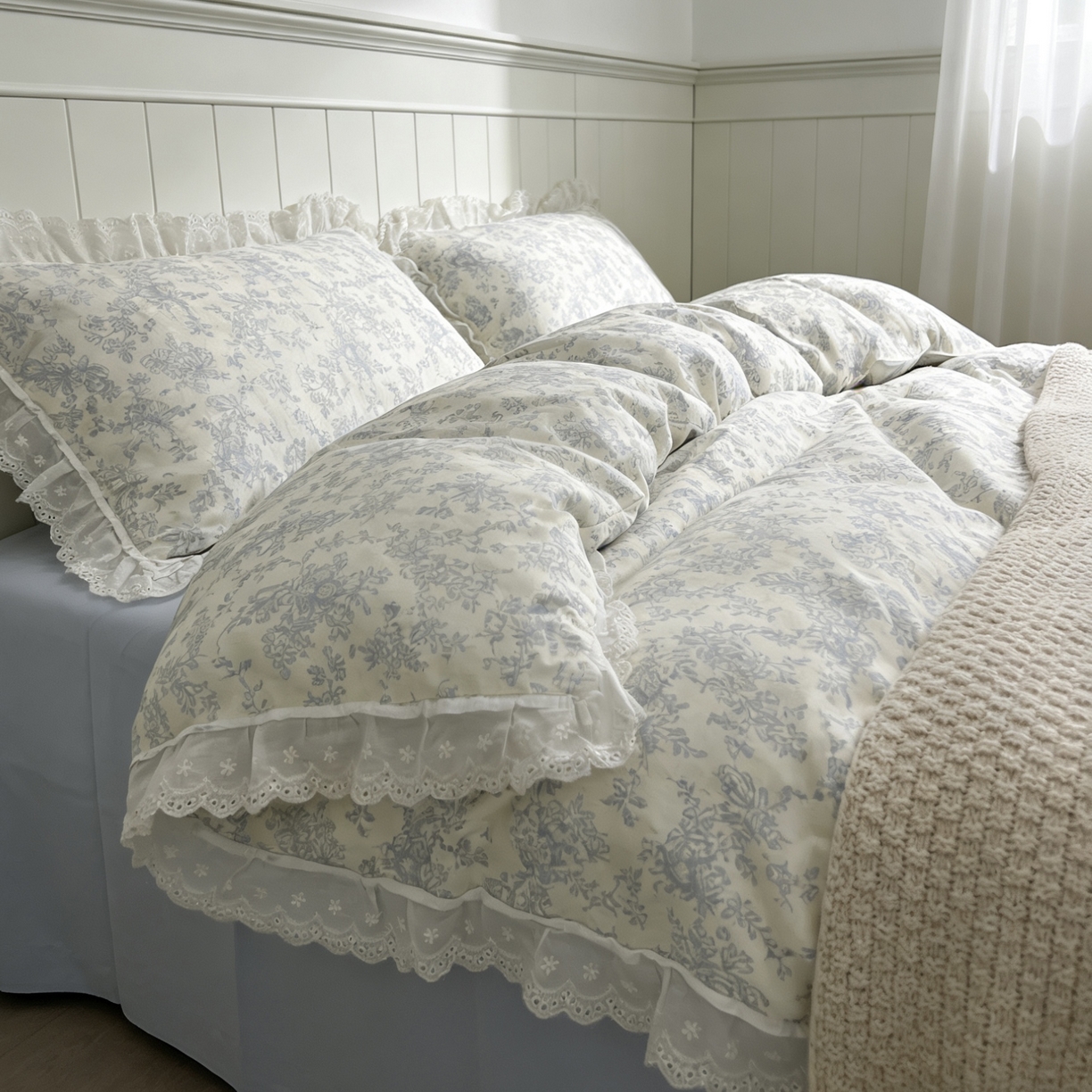 91家纺网 家纺一手货源 找家纺 荣轩家居 2026新款韩式浪漫花边工艺款全棉纯棉双层纱四件套（铺床版）秘境