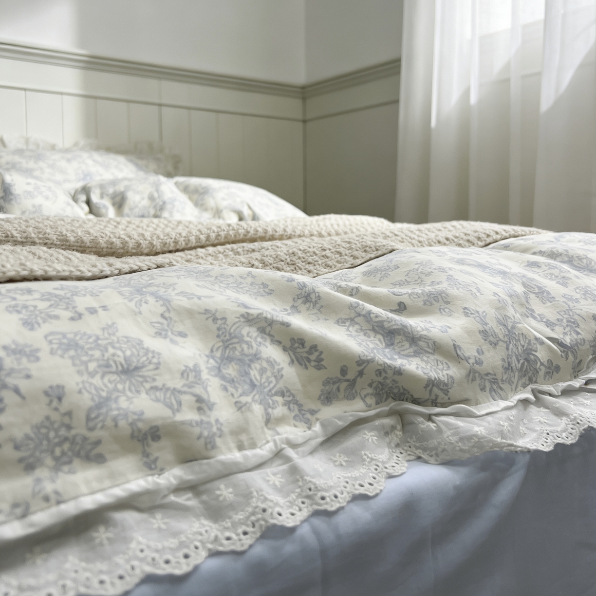 91家纺网 家纺一手货源 找家纺 荣轩家居 2026新款韩式浪漫花边工艺款全棉纯棉双层纱四件套（铺床版）秘境