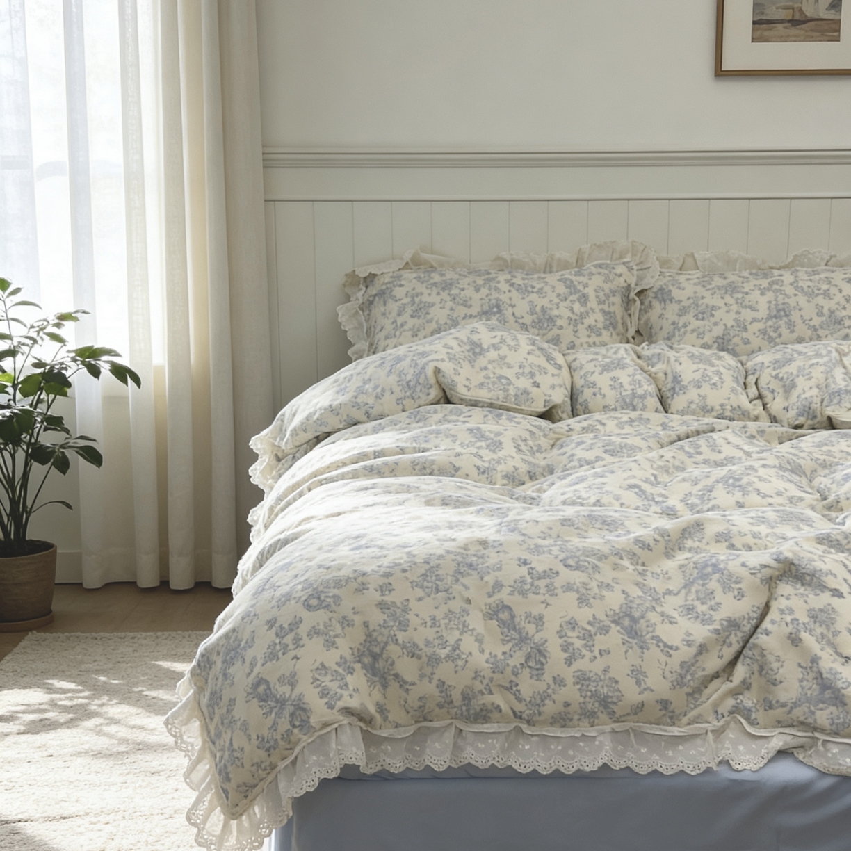 91家纺网 家纺一手货源 找家纺 荣轩家居 2026新款韩式浪漫花边工艺款全棉纯棉双层纱四件套（铺床版）秘境