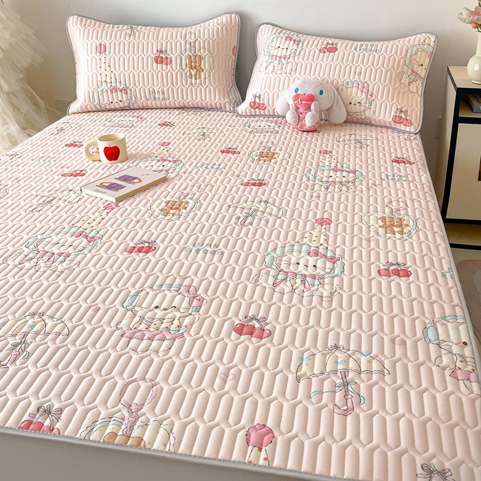 91家纺网 家纺一手货源 找家纺 沐慕 2026新款小清新凉感丝乳胶凉席三件套 樱桃萌猫