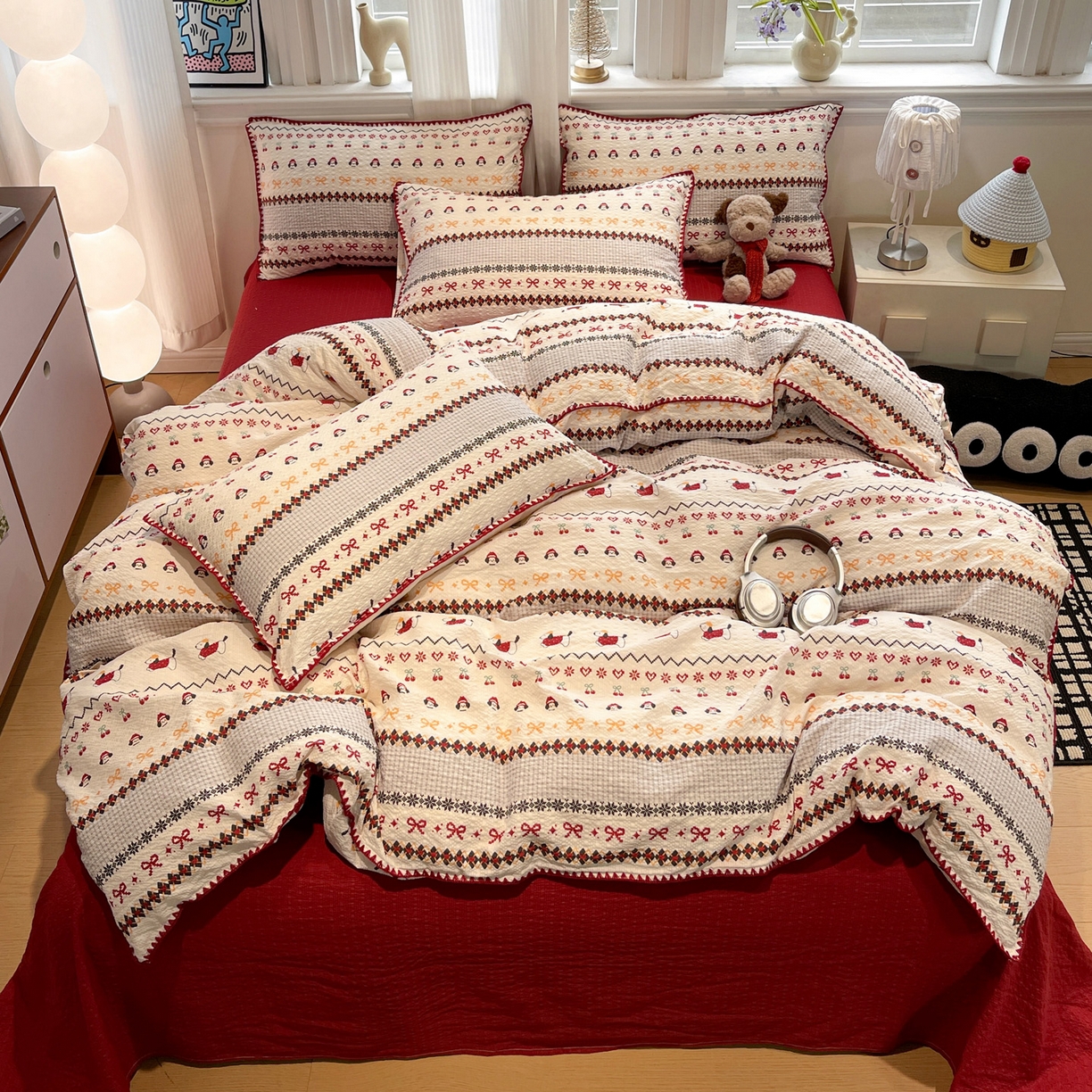 91家纺网 家纺一手货源 找家纺 瑞禾家纺（原阿亮） 2026新款云感泡芙棉小清新印花贝壳边四件套 费尔岛小狗