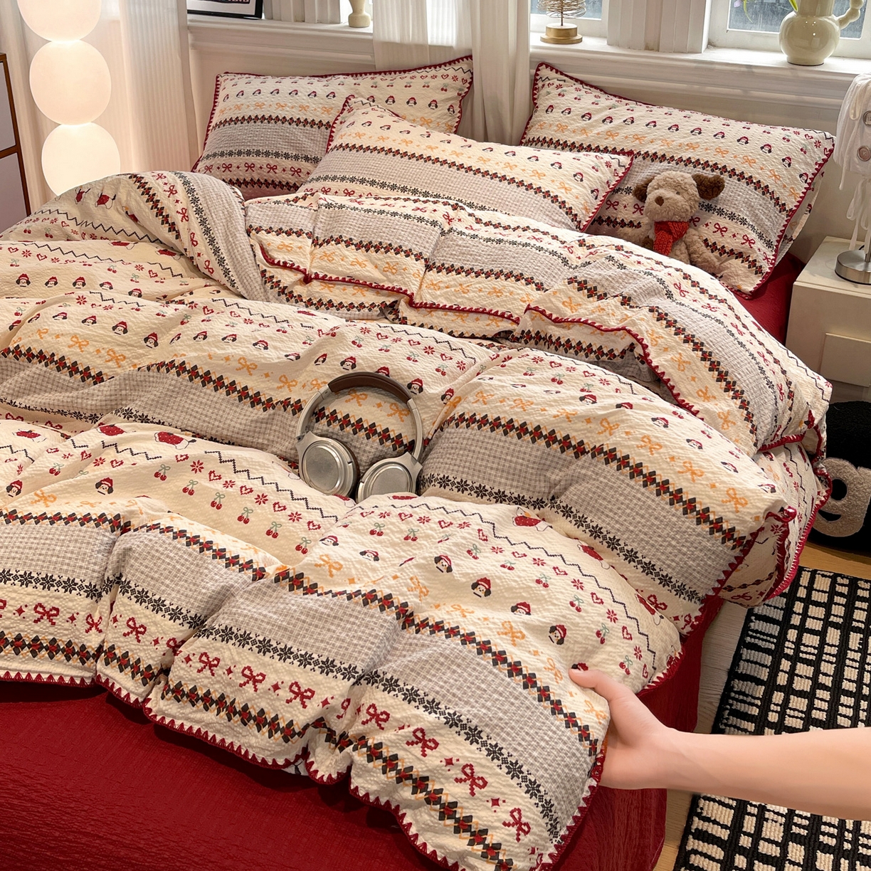 91家纺网 家纺一手货源 找家纺 瑞禾家纺（原阿亮） 2026新款云感泡芙棉小清新印花贝壳边四件套 费尔岛小狗