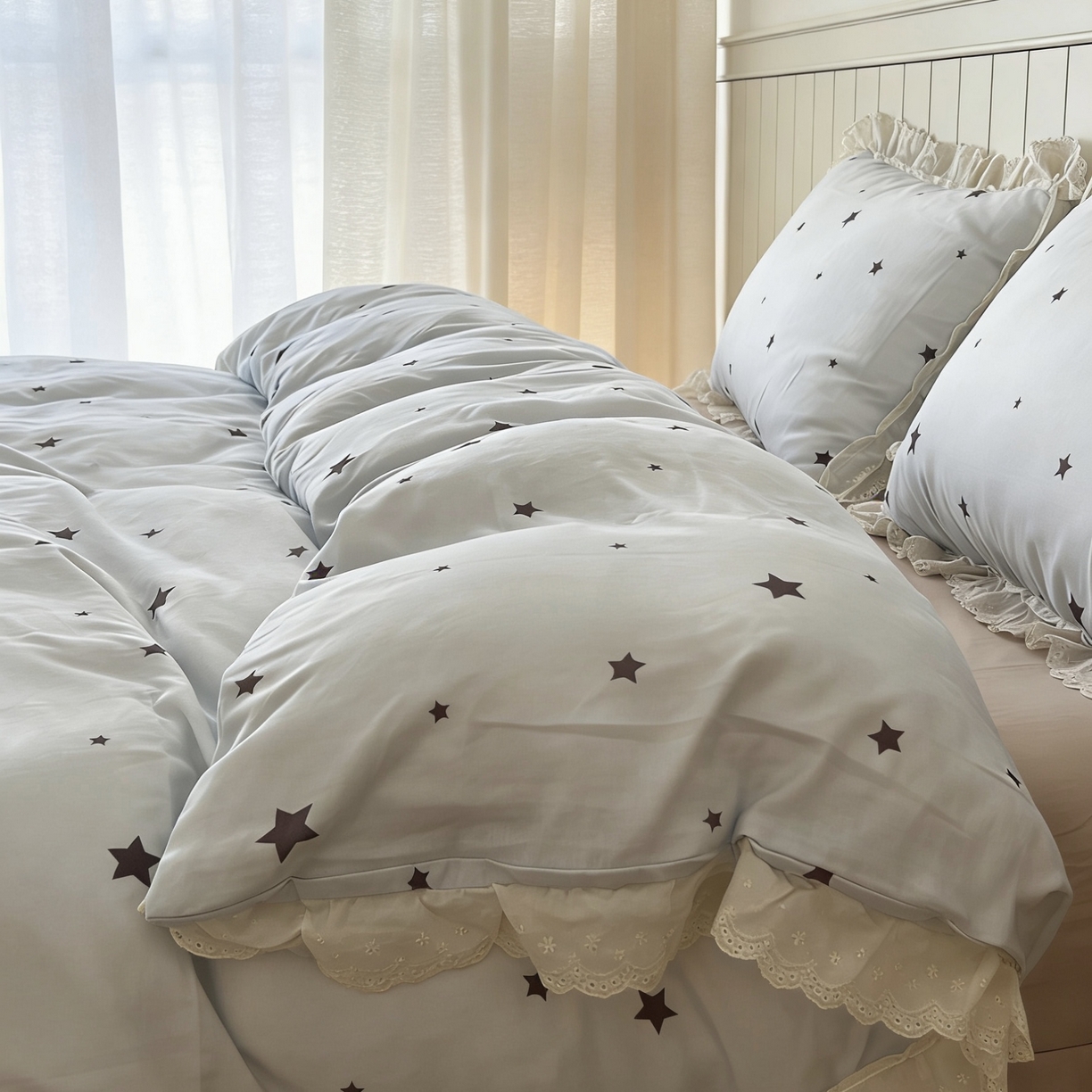 91家纺网 家纺一手货源 找家纺 荣轩家居 2026新款韩式浪漫花边工艺款全棉纯棉双层纱四件套（铺床版）星晚-蓝