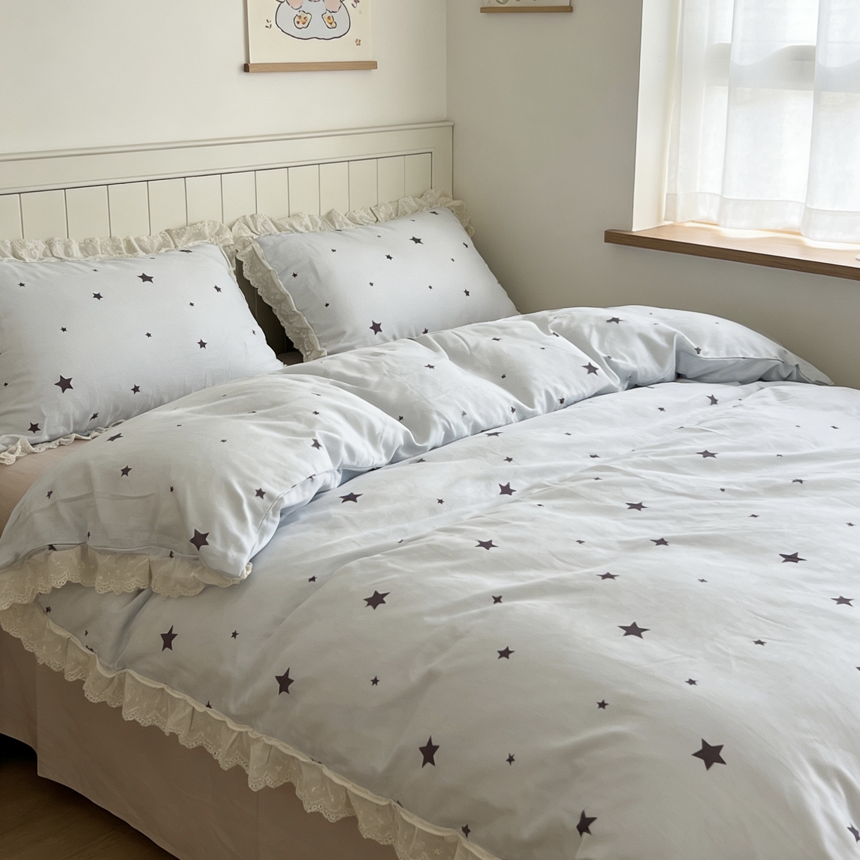 荣轩家居 2026新款韩式浪漫花边工艺款全棉纯棉双层纱四件套（铺床版）星晚-蓝