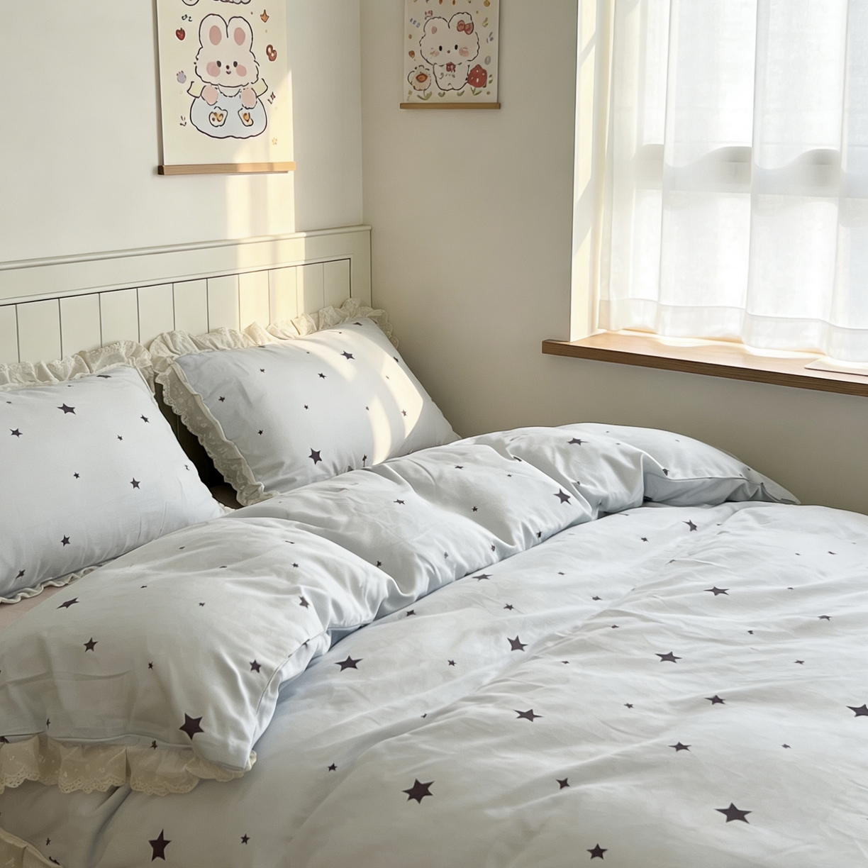 91家纺网 家纺一手货源 找家纺 荣轩家居 2026新款韩式浪漫花边工艺款全棉纯棉双层纱四件套（铺床版）星晚-蓝