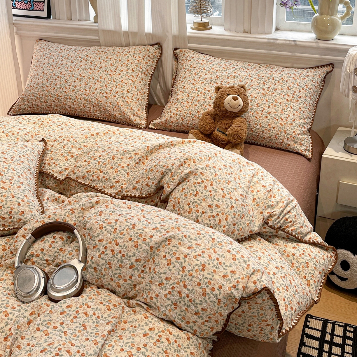 91家纺网 家纺一手货源 找家纺 瑞禾家纺（原阿亮） 2026新款云感泡芙棉小清新印花贝壳边四件套 青涩樱桃