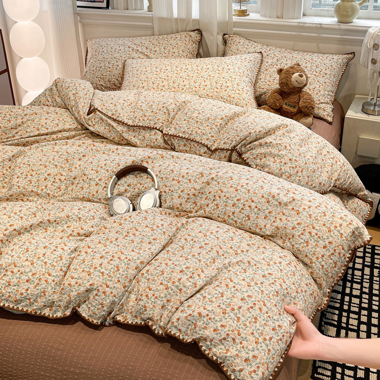 91家纺网 家纺一手货源 找家纺 瑞禾家纺（原阿亮） 2026新款云感泡芙棉小清新印花贝壳边四件套 青涩樱桃