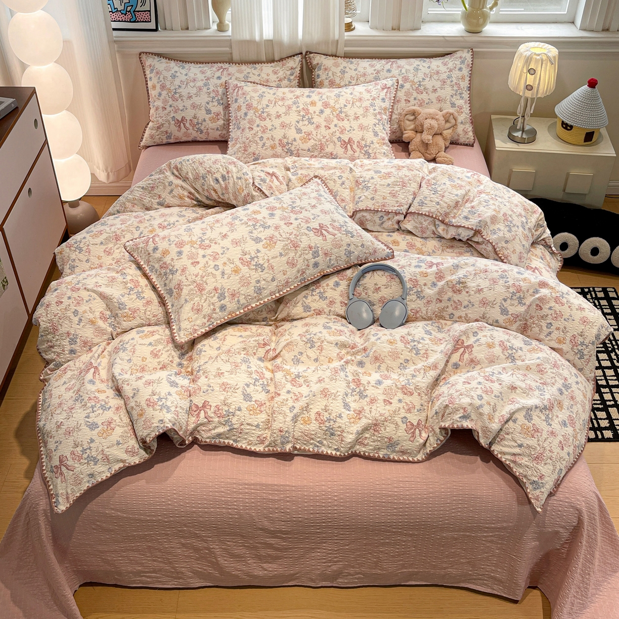 91家纺网 家纺一手货源 找家纺 瑞禾家纺（原阿亮） 2026新款云感泡芙棉小清新印花贝壳边四件套 诗意柔