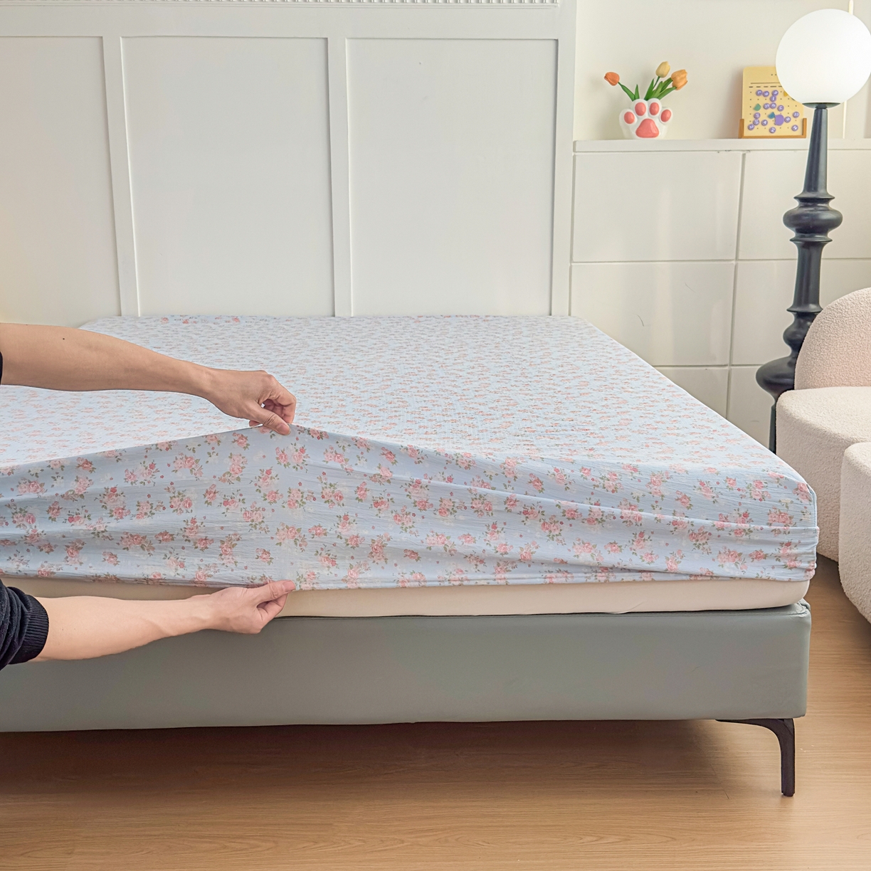 91家纺网 家纺一手货源 找家纺 （总）优雅星家纺 2026春夏新款a类泡芙双层纱床笠印花卡通全包围床垫保护套单床笠 床笠单件