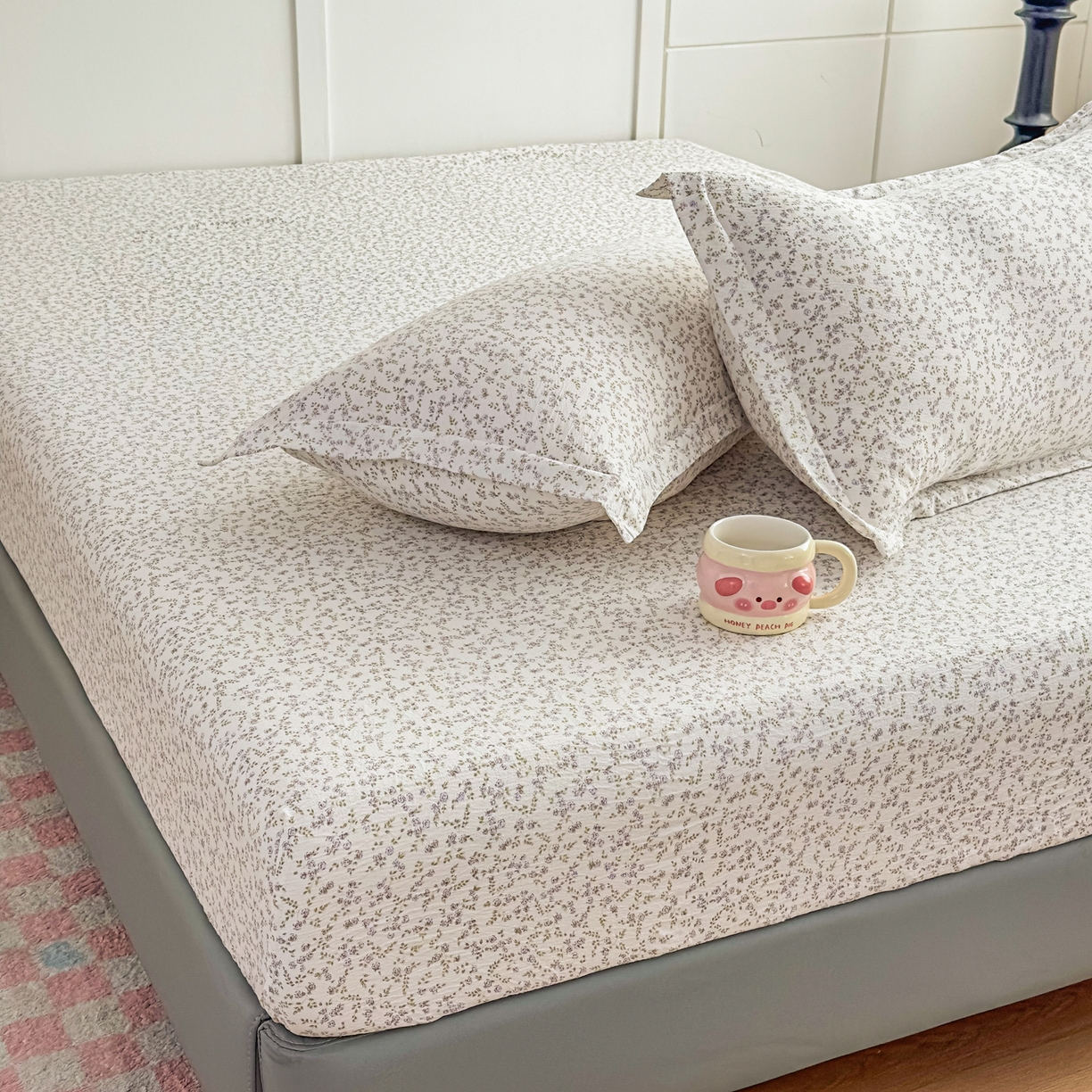 91家纺网 家纺一手货源 找家纺 优雅星家纺 2026春夏新款a类泡芙双层纱床笠印花卡通全包围床垫保护套单床笠 床笠单件 莫奈紫