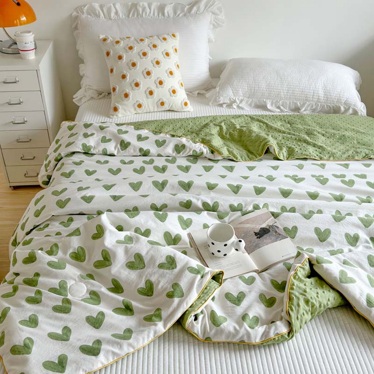 91家纺网 家纺一手货源 找家纺 赛琳 2026新款小清新大豆纤维豆豆被春秋被儿童夏凉被空调被 绿爱心