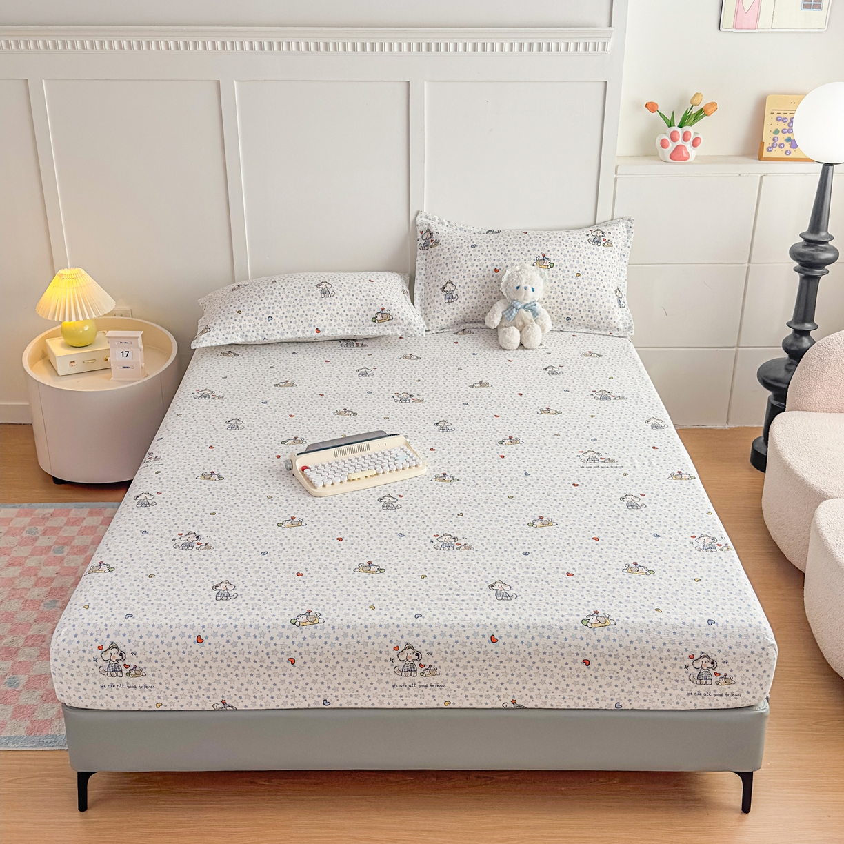 91家纺网 家纺一手货源 找家纺 优雅星家纺 2026春夏新款a类泡芙双层纱床笠印花卡通全包围床垫保护套单床笠 床笠单件 汪星人