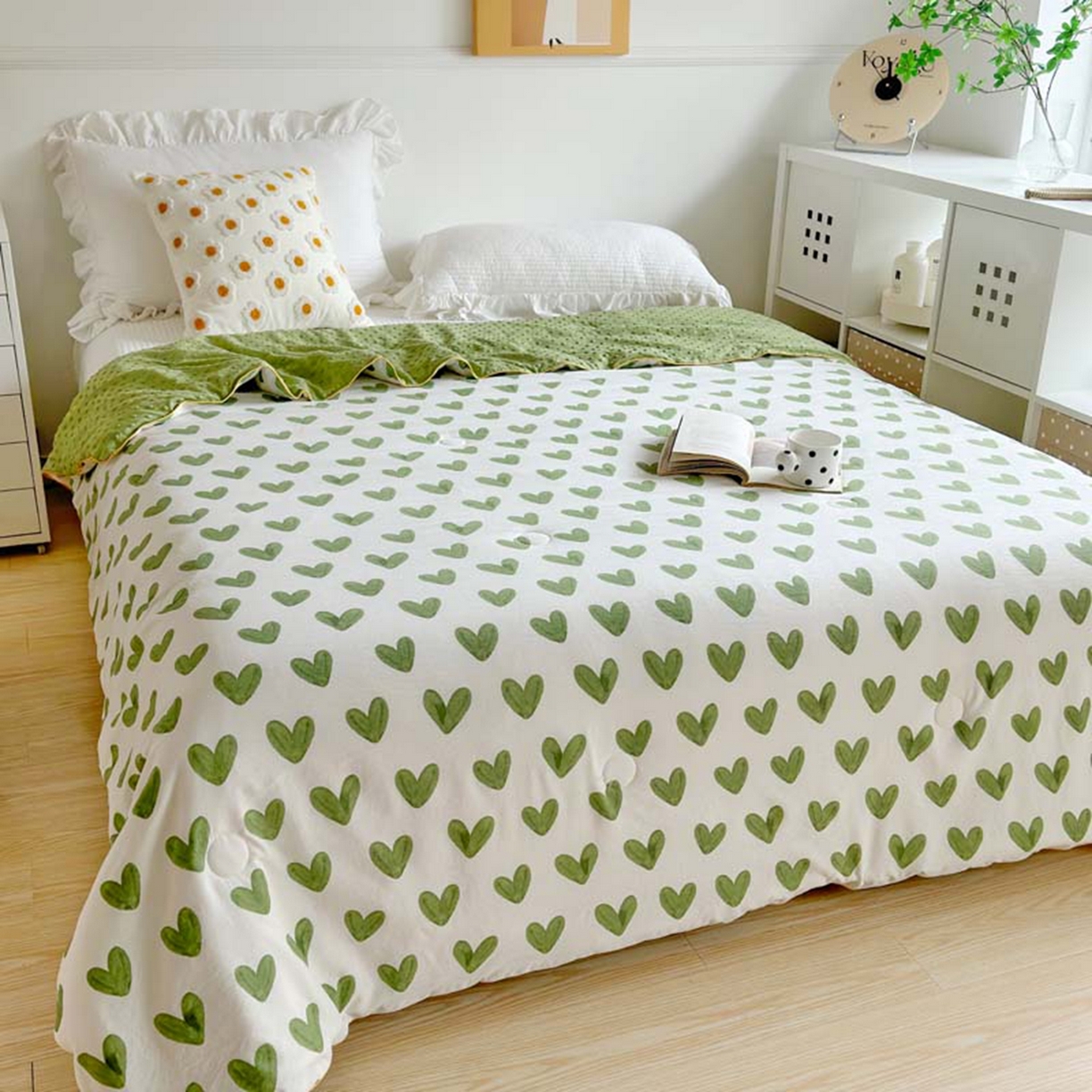 91家纺网 家纺一手货源 找家纺 赛琳 2026新款小清新大豆纤维豆豆被春秋被儿童夏凉被空调被 绿爱心