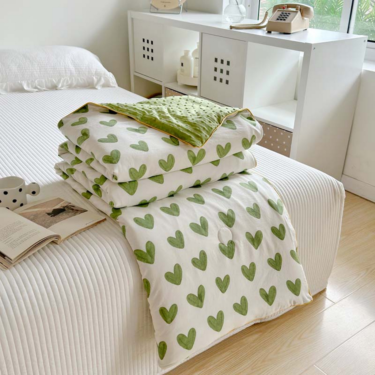 91家纺网 家纺一手货源 找家纺 赛琳 2026新款小清新大豆纤维豆豆被春秋被儿童夏凉被空调被 绿爱心