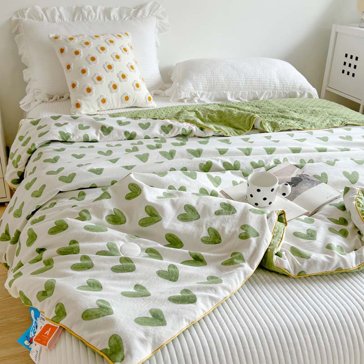91家纺网 家纺一手货源 找家纺 赛琳 2026新款小清新大豆纤维豆豆被春秋被儿童夏凉被空调被 绿爱心