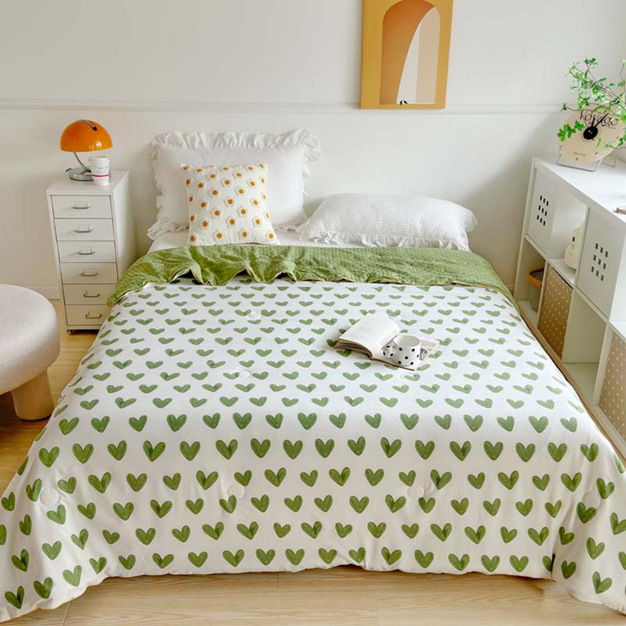 91家纺网 家纺一手货源 找家纺 赛琳 2026新款小清新大豆纤维豆豆被春秋被儿童夏凉被空调被 绿爱心