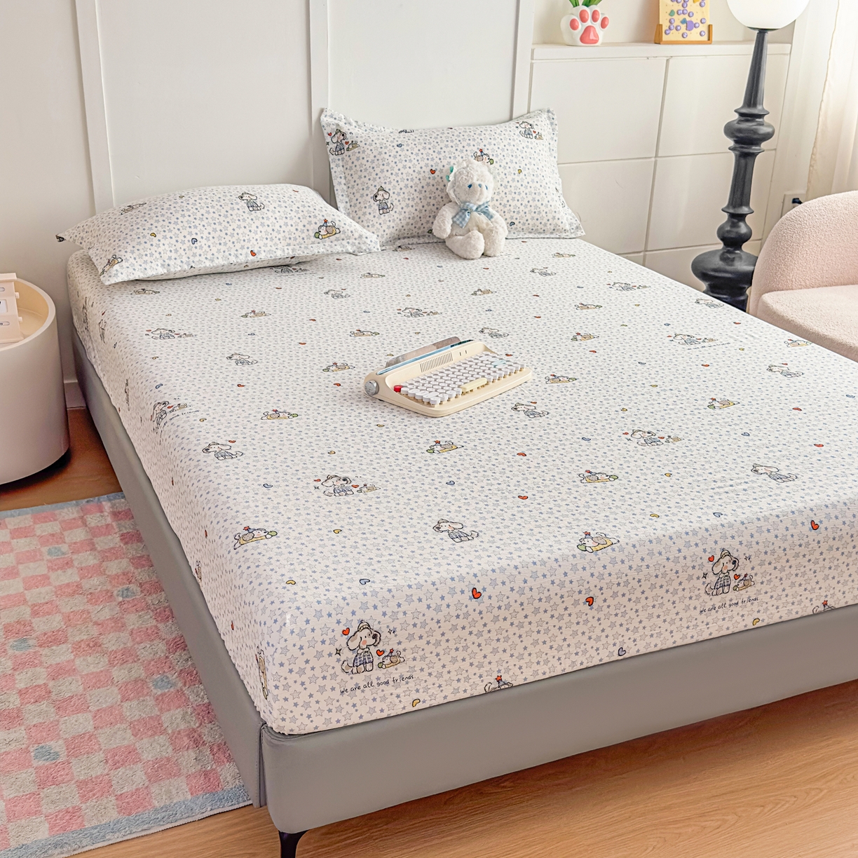 91家纺网 家纺一手货源 找家纺 优雅星家纺 2026春夏新款a类泡芙双层纱床笠印花卡通全包围床垫保护套单床笠 床笠单件 汪星人