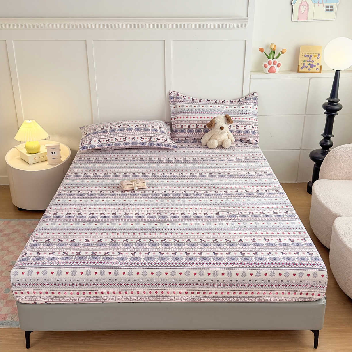 91家纺网 家纺一手货源 找家纺 优雅星家纺 2026春夏新款a类泡芙双层纱床笠印花卡通全包围床垫保护套单床笠 床笠单件 小木马