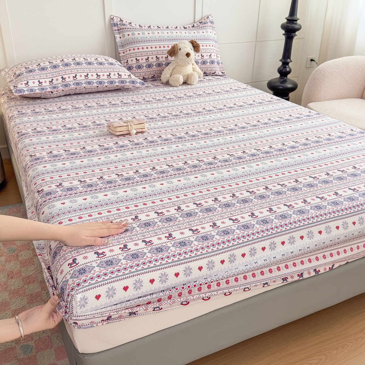 91家纺网 家纺一手货源 找家纺 优雅星家纺 2026春夏新款a类泡芙双层纱床笠印花卡通全包围床垫保护套单床笠 床笠单件 小木马