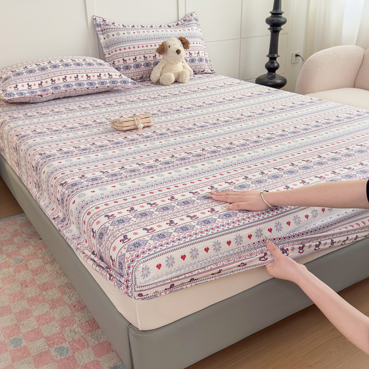 91家纺网 家纺一手货源 找家纺 优雅星家纺 2026春夏新款a类泡芙双层纱床笠印花卡通全包围床垫保护套单床笠 床笠单件 小木马