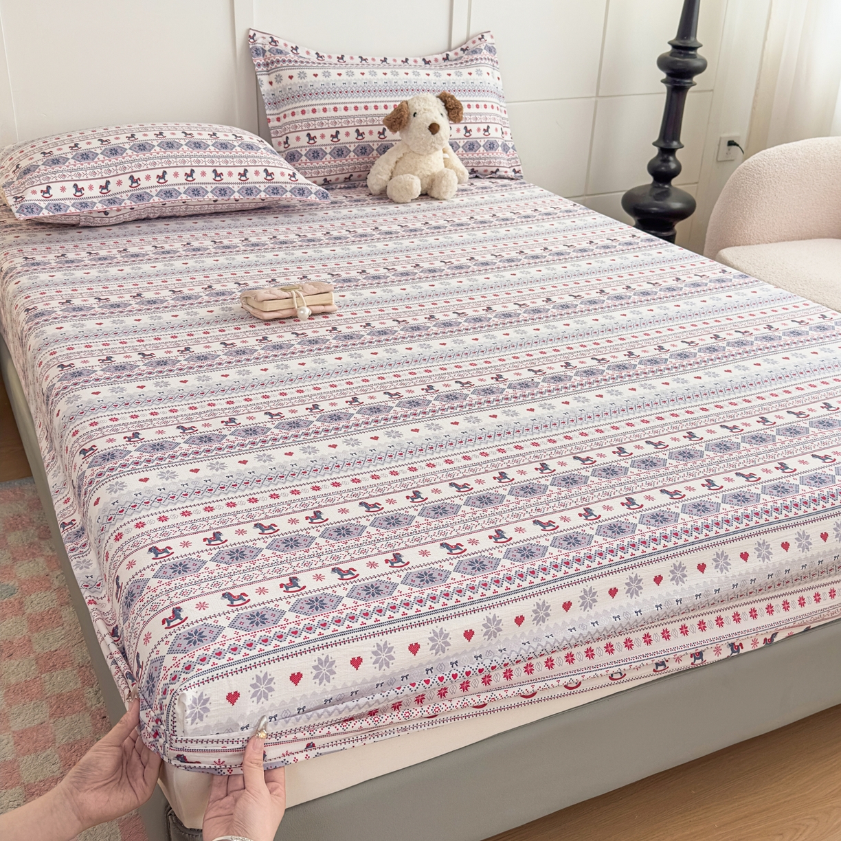 91家纺网 家纺一手货源 找家纺 优雅星家纺 2026春夏新款a类泡芙双层纱床笠印花卡通全包围床垫保护套单床笠 床笠单件 小木马