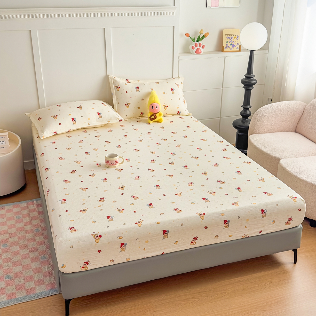 91家纺网 家纺一手货源 找家纺 优雅星家纺 2026春夏新款a类泡芙双层纱床笠印花卡通全包围床垫保护套单床笠 床笠单件 星星人