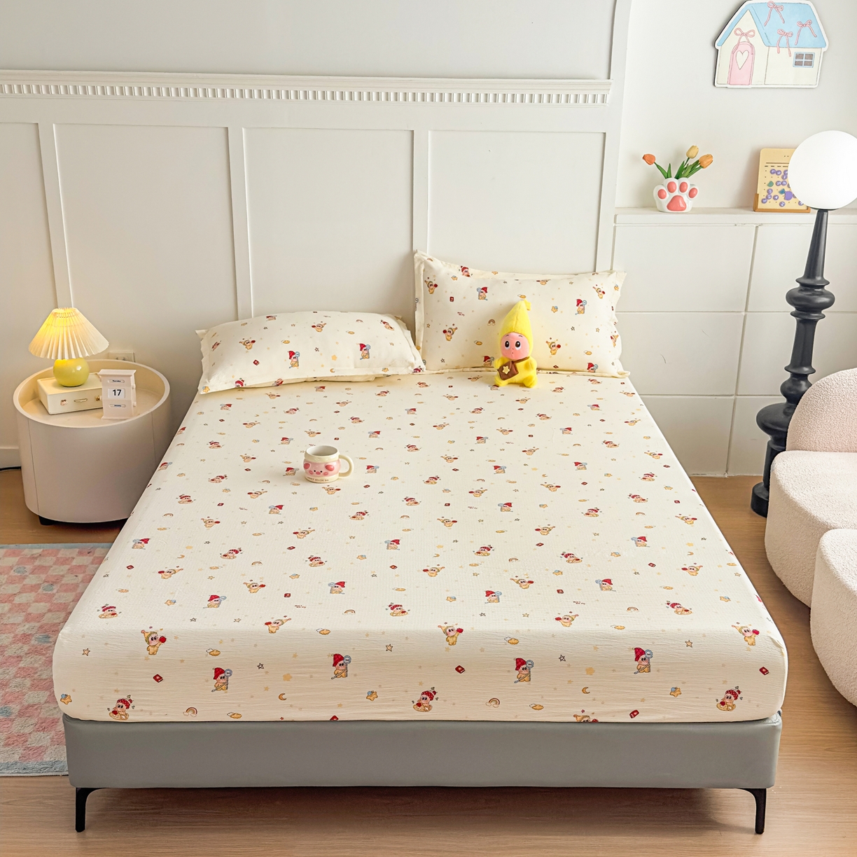 91家纺网 家纺一手货源 找家纺 优雅星家纺 2026春夏新款a类泡芙双层纱床笠印花卡通全包围床垫保护套单床笠 床笠单件 星星人