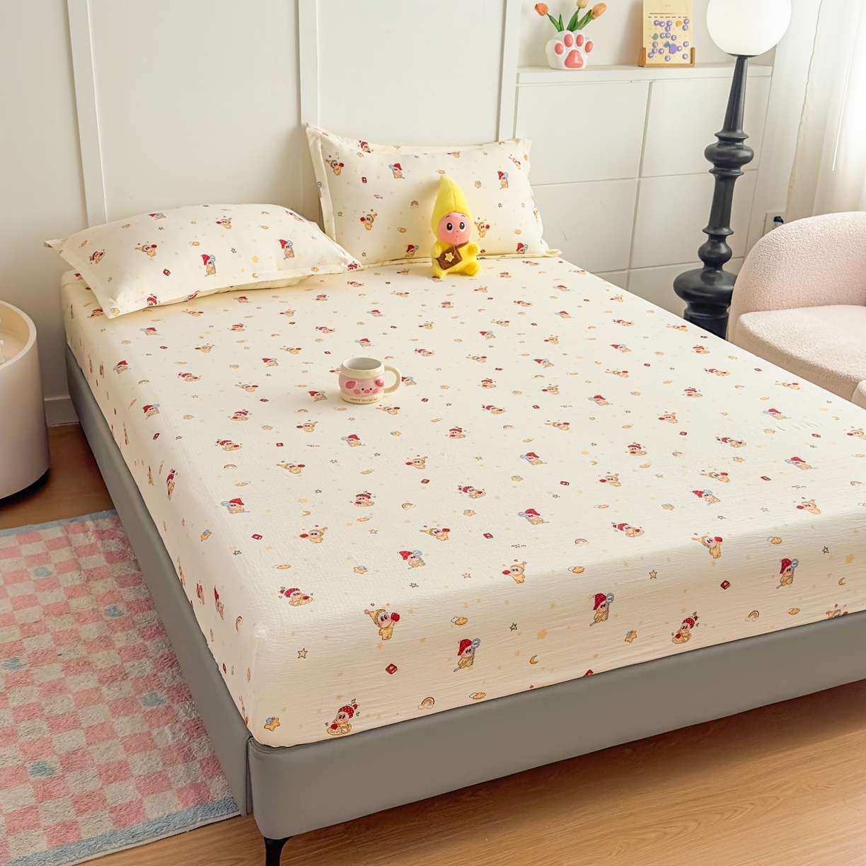 91家纺网 家纺一手货源 找家纺 优雅星家纺 2026春夏新款a类泡芙双层纱床笠印花卡通全包围床垫保护套单床笠 床笠单件 星星人