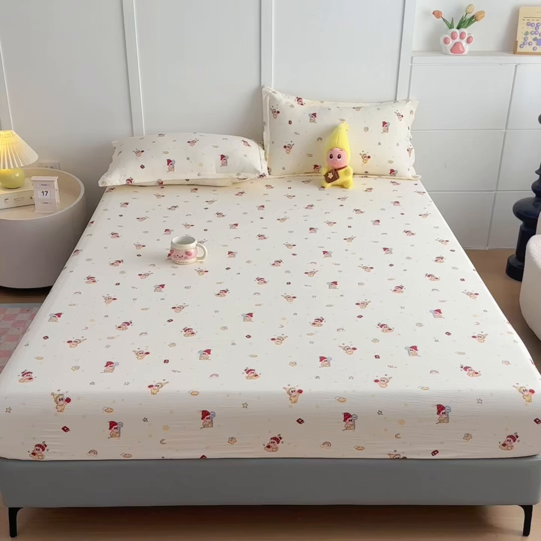 91家纺网 家纺一手货源 找家纺 优雅星家纺 2026春夏新款a类泡芙双层纱床笠印花卡通全包围床垫保护套单床笠 床笠单件 星星人