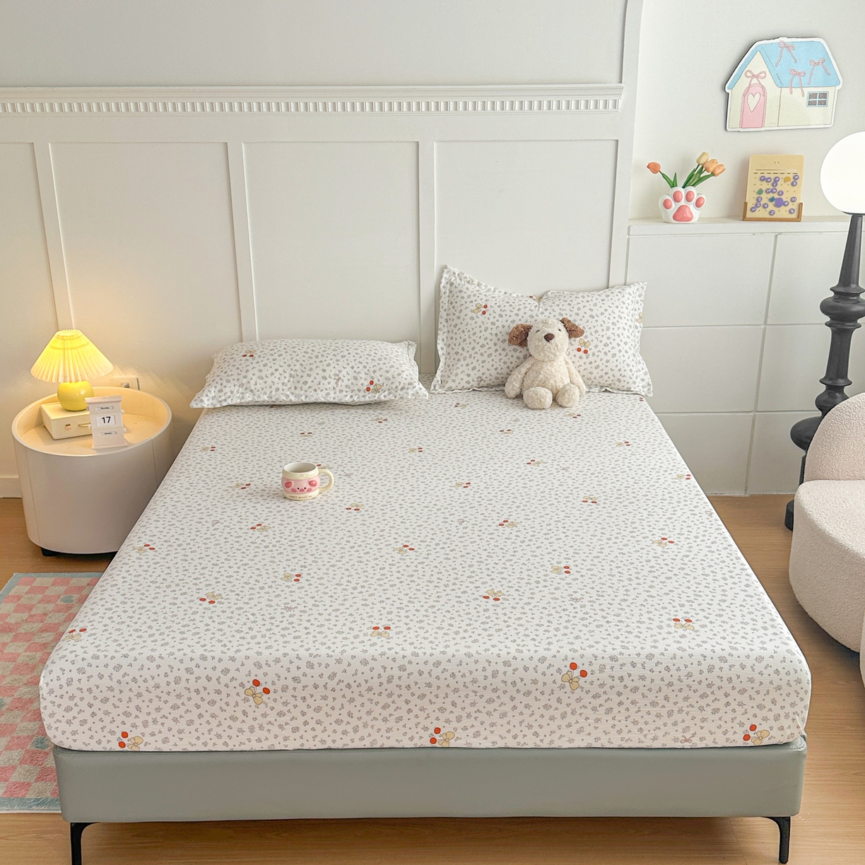 91家纺网 家纺一手货源 找家纺 优雅星家纺 2026春夏新款a类泡芙双层纱床笠印花卡通全包围床垫保护套单床笠 床笠单件 樱桃