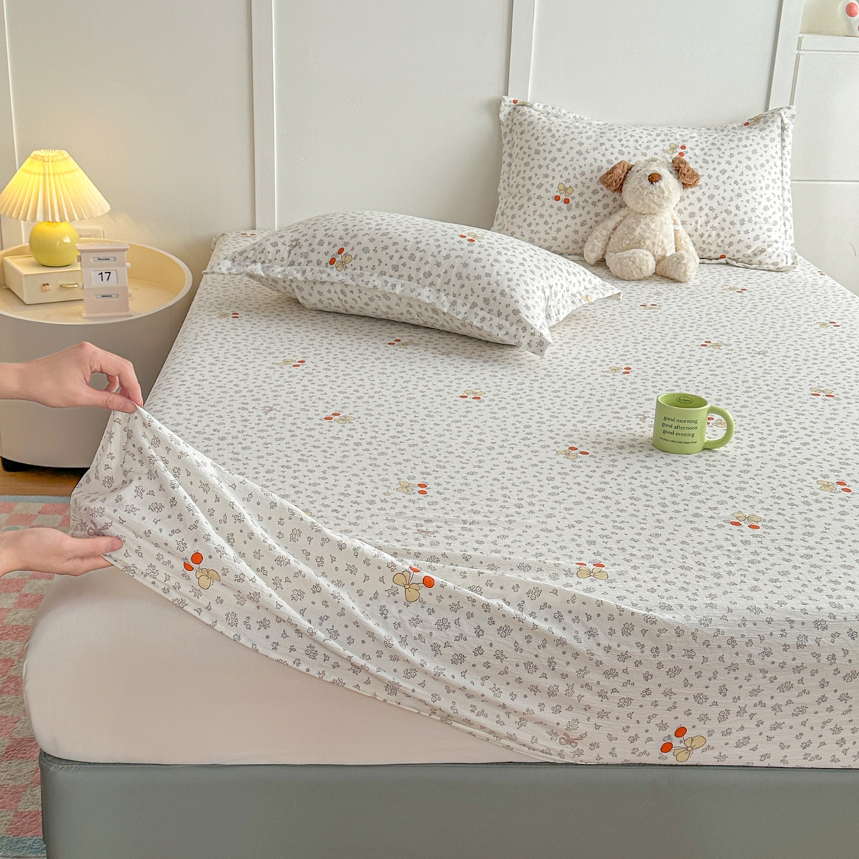 91家纺网 家纺一手货源 找家纺 优雅星家纺 2026春夏新款a类泡芙双层纱床笠印花卡通全包围床垫保护套单床笠 床笠单件 樱桃