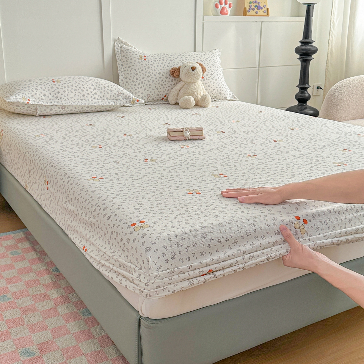 91家纺网 家纺一手货源 找家纺 优雅星家纺 2026春夏新款a类泡芙双层纱床笠印花卡通全包围床垫保护套单床笠 床笠单件 樱桃