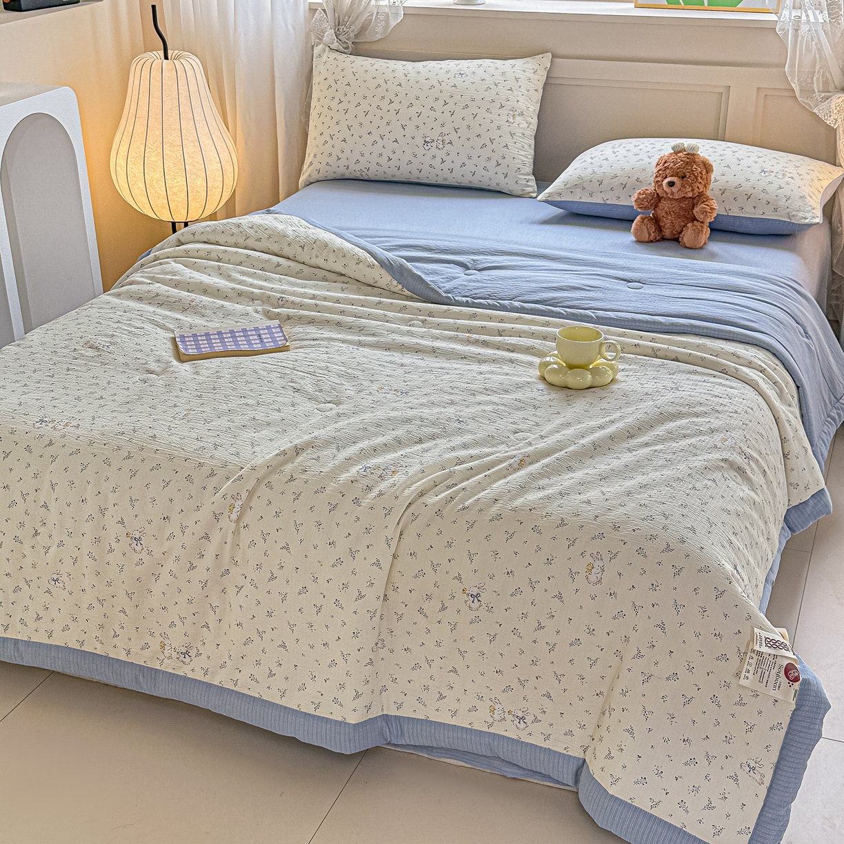 91家纺网 家纺一手货源 找家纺 晓时候 2026新款皱皱纱大豆夏被夏凉被空调被 蓝境兔语