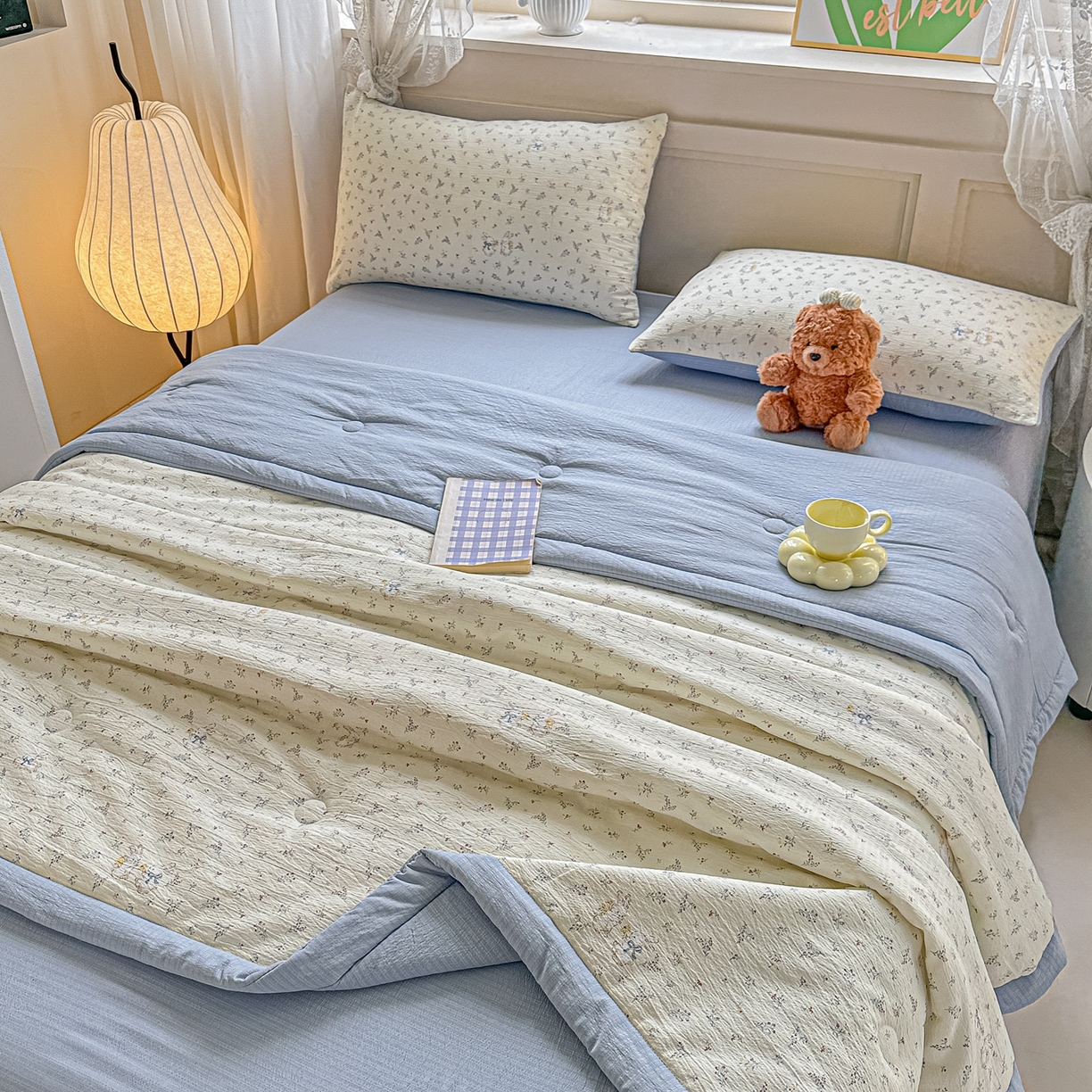 91家纺网 家纺一手货源 找家纺 晓时候 2026新款皱皱纱大豆夏被夏凉被空调被 蓝境兔语