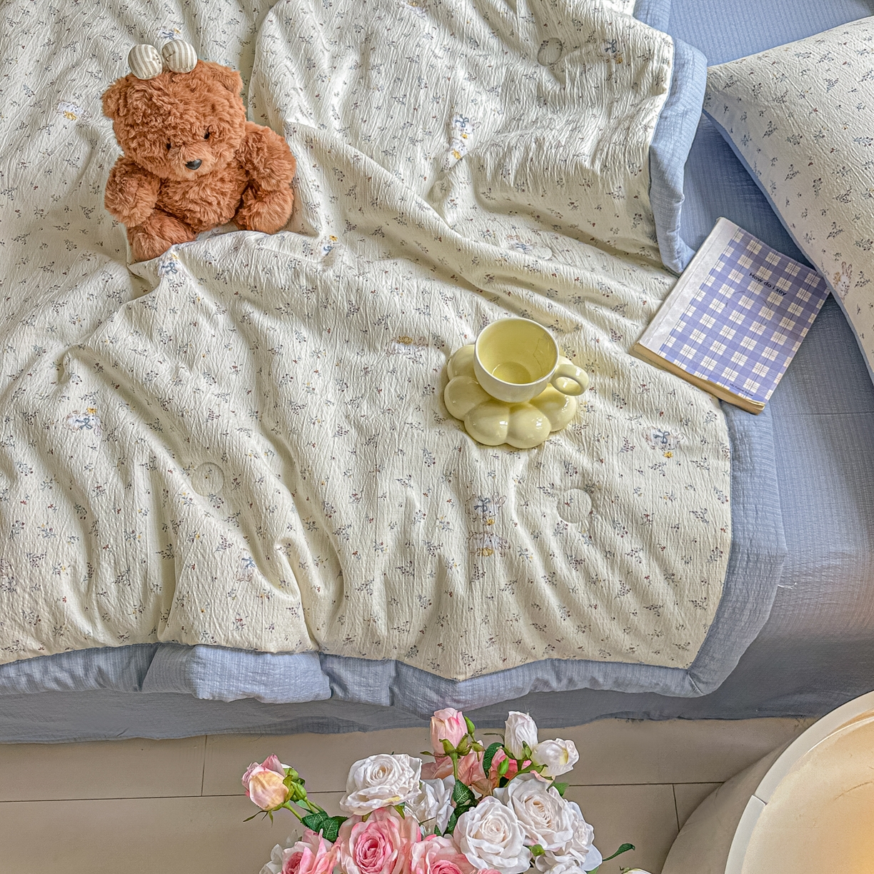 91家纺网 家纺一手货源 找家纺 晓时候 2026新款皱皱纱大豆夏被夏凉被空调被 蓝境兔语